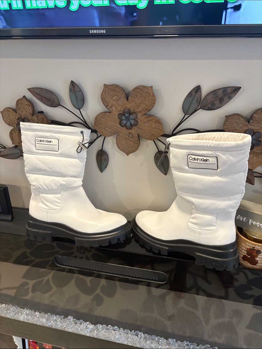 Calvin Klein White Quilted Puffer Boots with Black Lug Soles